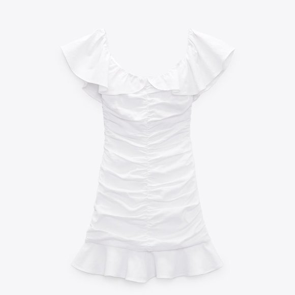 ZARA WHITE LINEN BLEND DRAPED DRESS WITH RUFFLES - Picture 3 of 10
